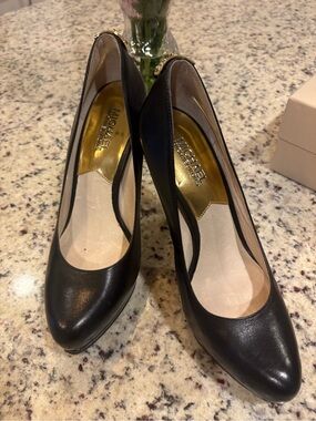 Michael Kors Black Leather Round-Toe Heels with Gold Accents